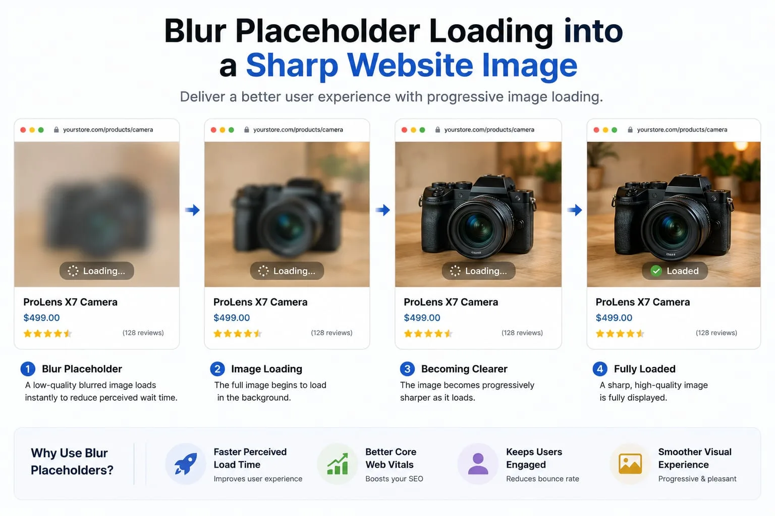 A blurred low-quality image placeholder gradually loading into a sharp final website image.