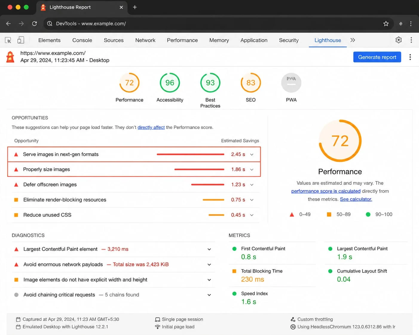 Chrome Lighthouse audit report showing unoptimized image opportunities.