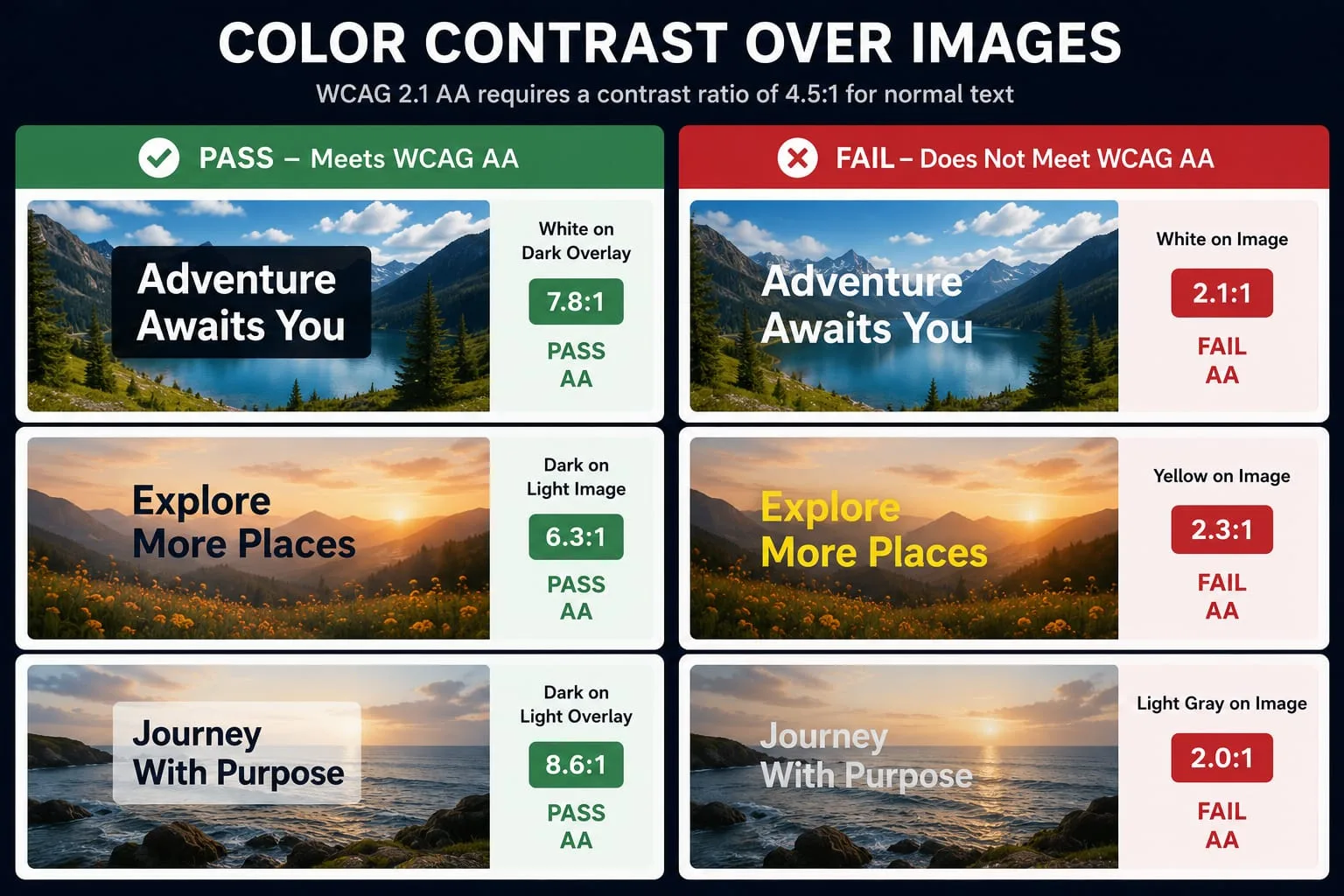 Visual comparison of passing versus failing WCAG AA color contrast on an image background.