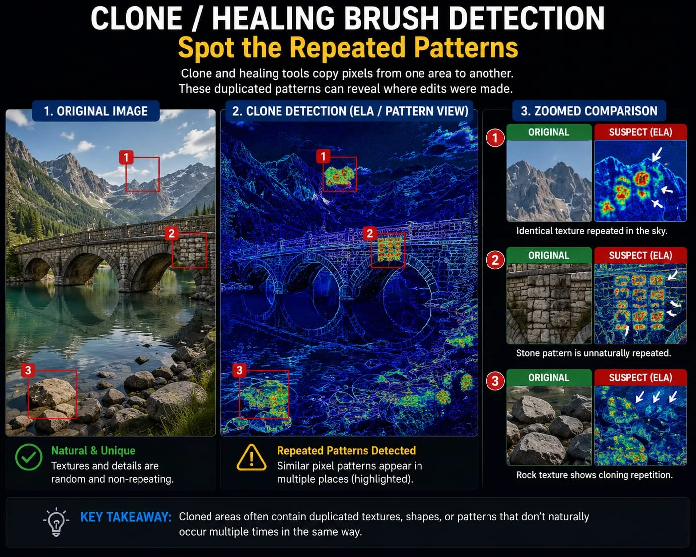 Forensic analysis highlighting identical repeating pixel patterns that indicate the use of a clone stamp tool.