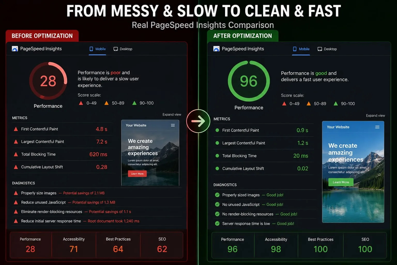 Google PageSpeed Insights comparison: Failing vs. Passing scores after image optimization.
