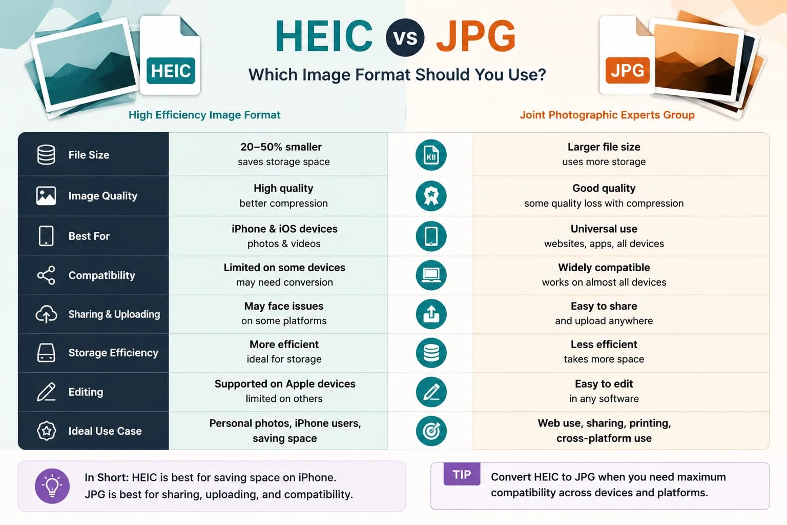 A comparison table showing HEIC as efficient for iPhone storage and JPG as easier for sharing and uploading.
