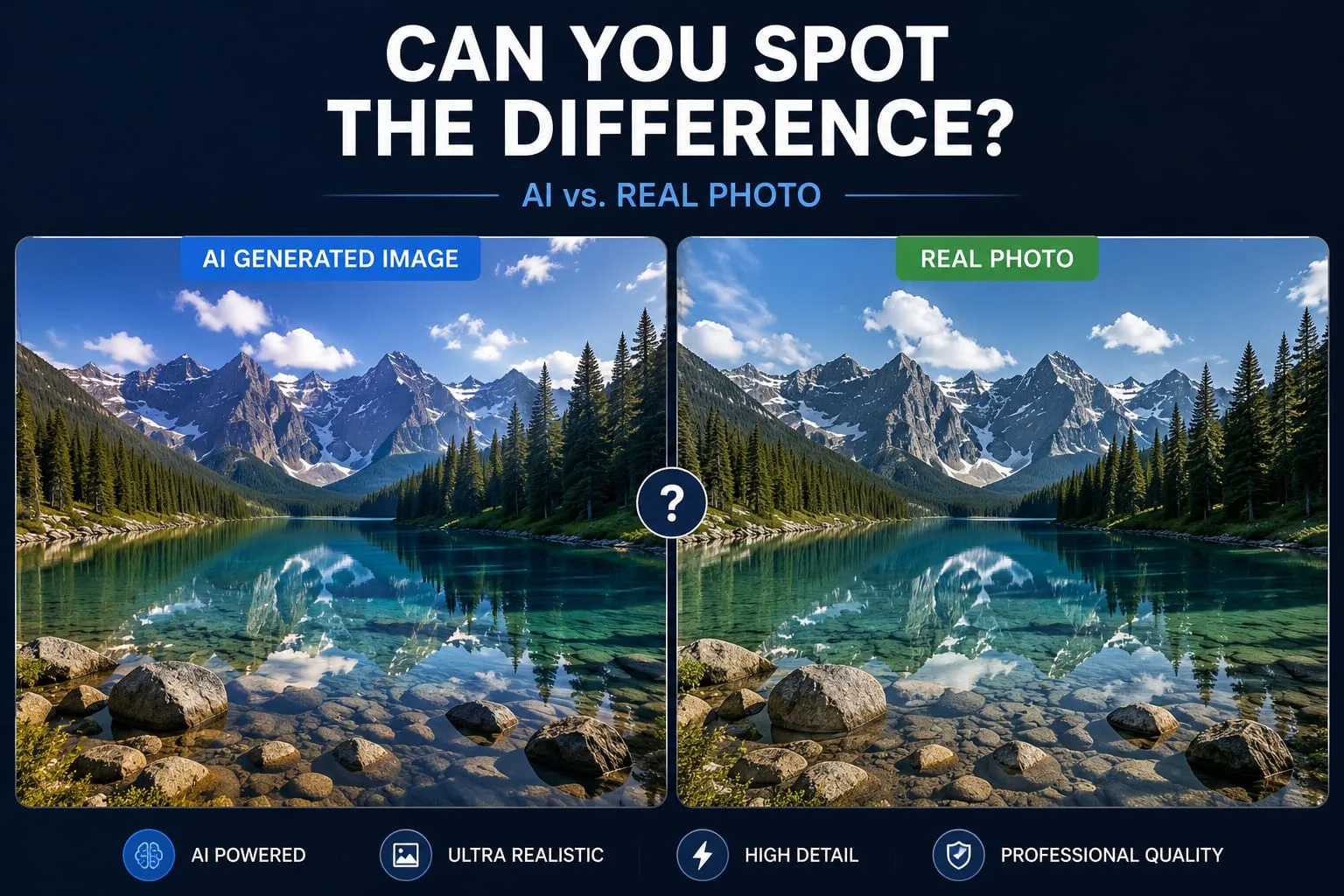 Comparison montage of a photorealistic AI-generated image and a real photograph.