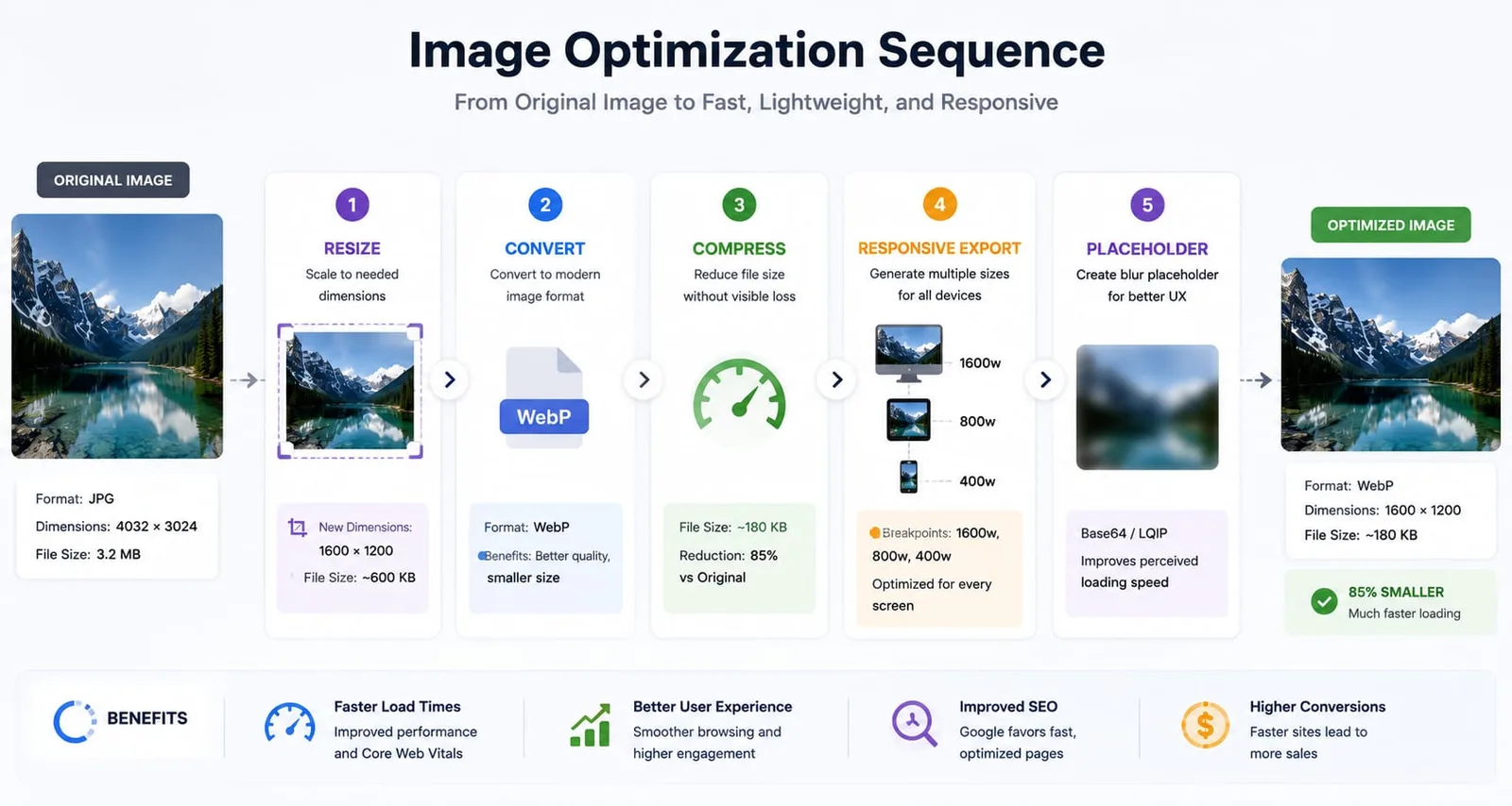 A workflow showing image resize, WebP conversion, compression, responsive export, and placeholder generation.