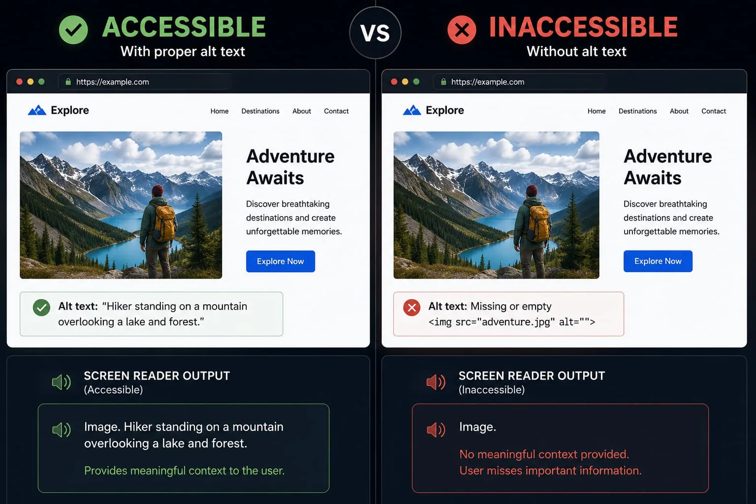 Split screen comparison of an accessible website with alt text versus an inaccessible one for screen readers.