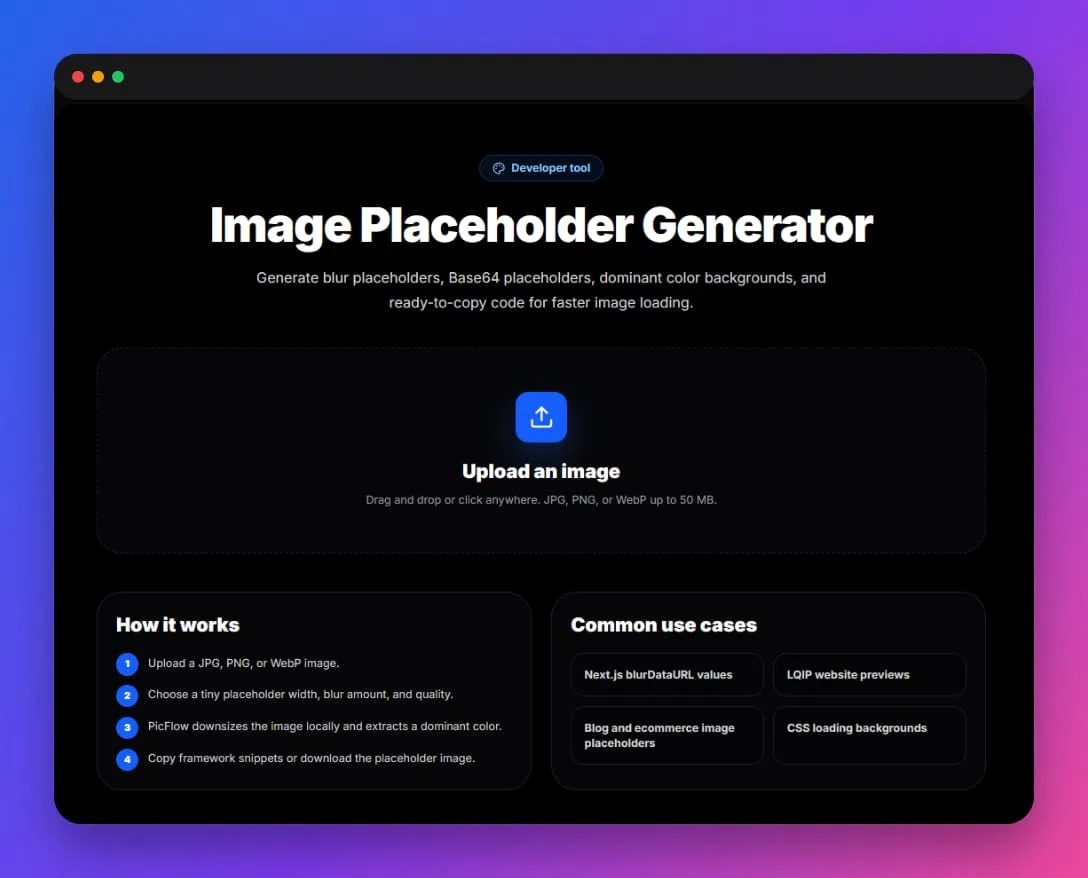 PicFlow AI image placeholder generator showing blur, Base64, dominant color, and code snippet outputs.