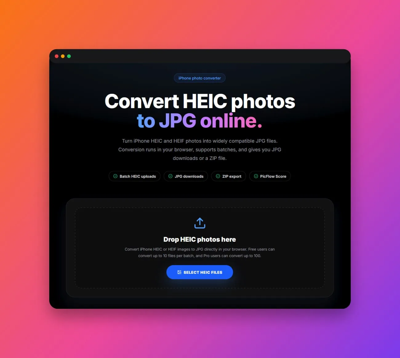 PicFlow AI HEIC to JPG converter showing uploaded iPhone photos being converted into JPG files.