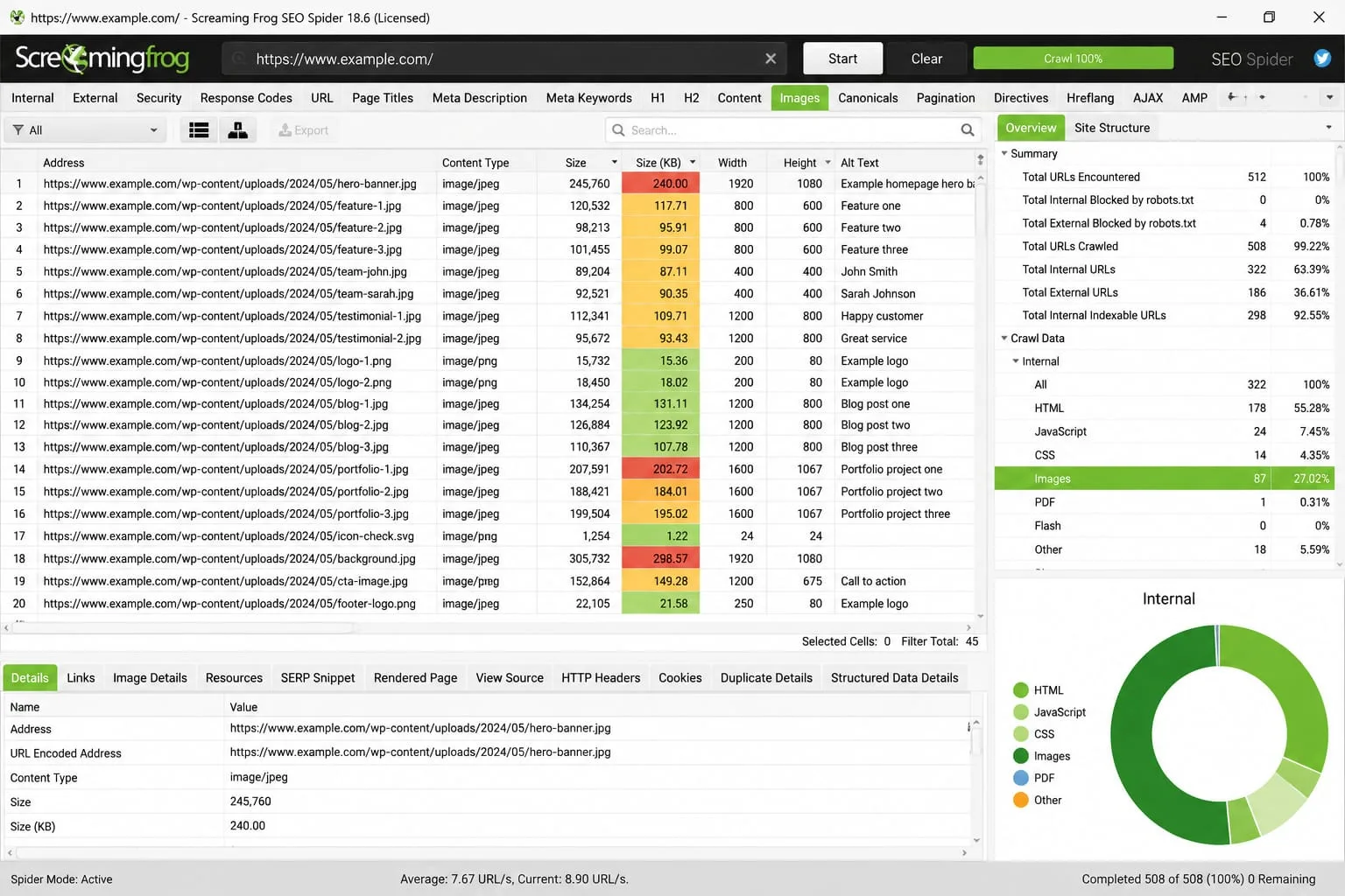 Screaming Frog SEO Spider interface highlighting large image files across a website.