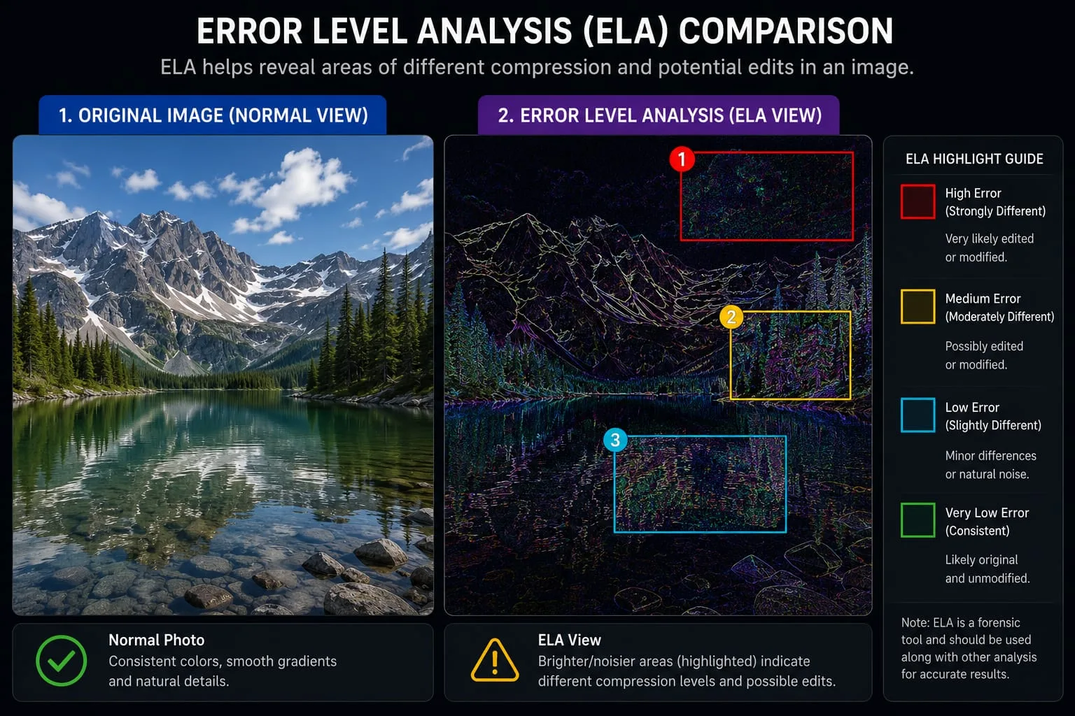 Side-by-side comparison of a standard photo and its Error Level Analysis (ELA) result, revealing tampered areas as bright highlights.