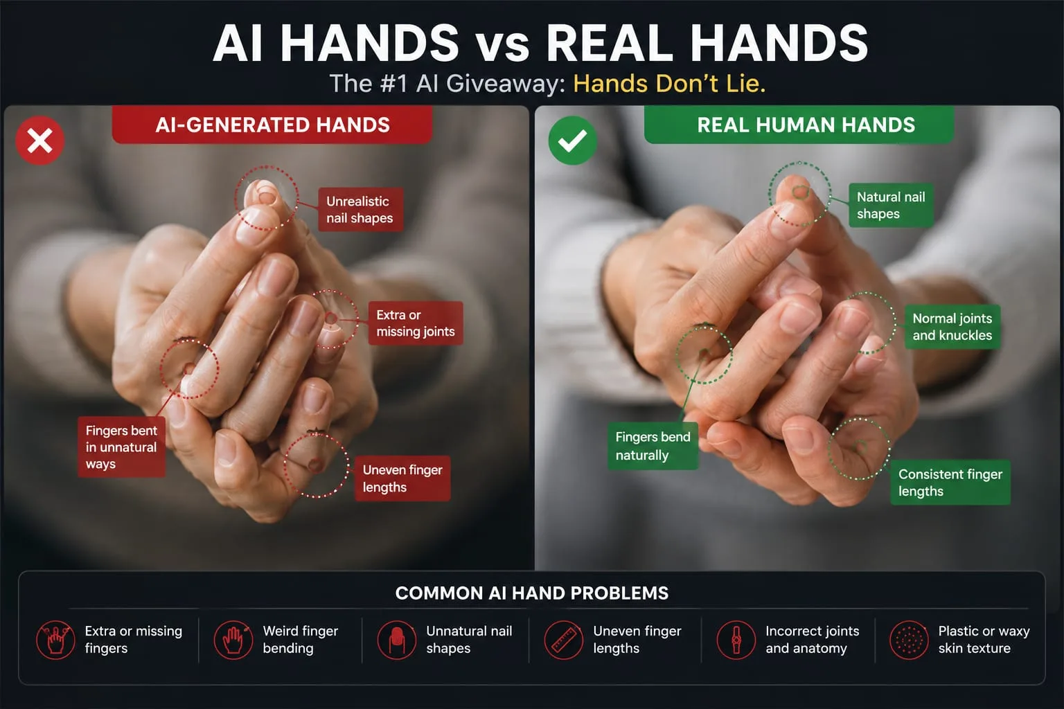 Close-up side-by-side comparison of distorted AI-generated fingers and a real human hand.